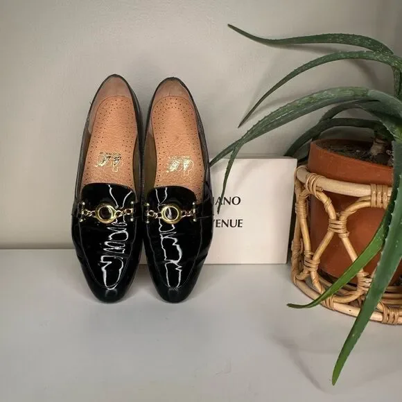 Vintage Gruppo Italiano for Saks Patent Leather Loafers Laila Black Gold Bit 9.5 - Picture 5 of 13